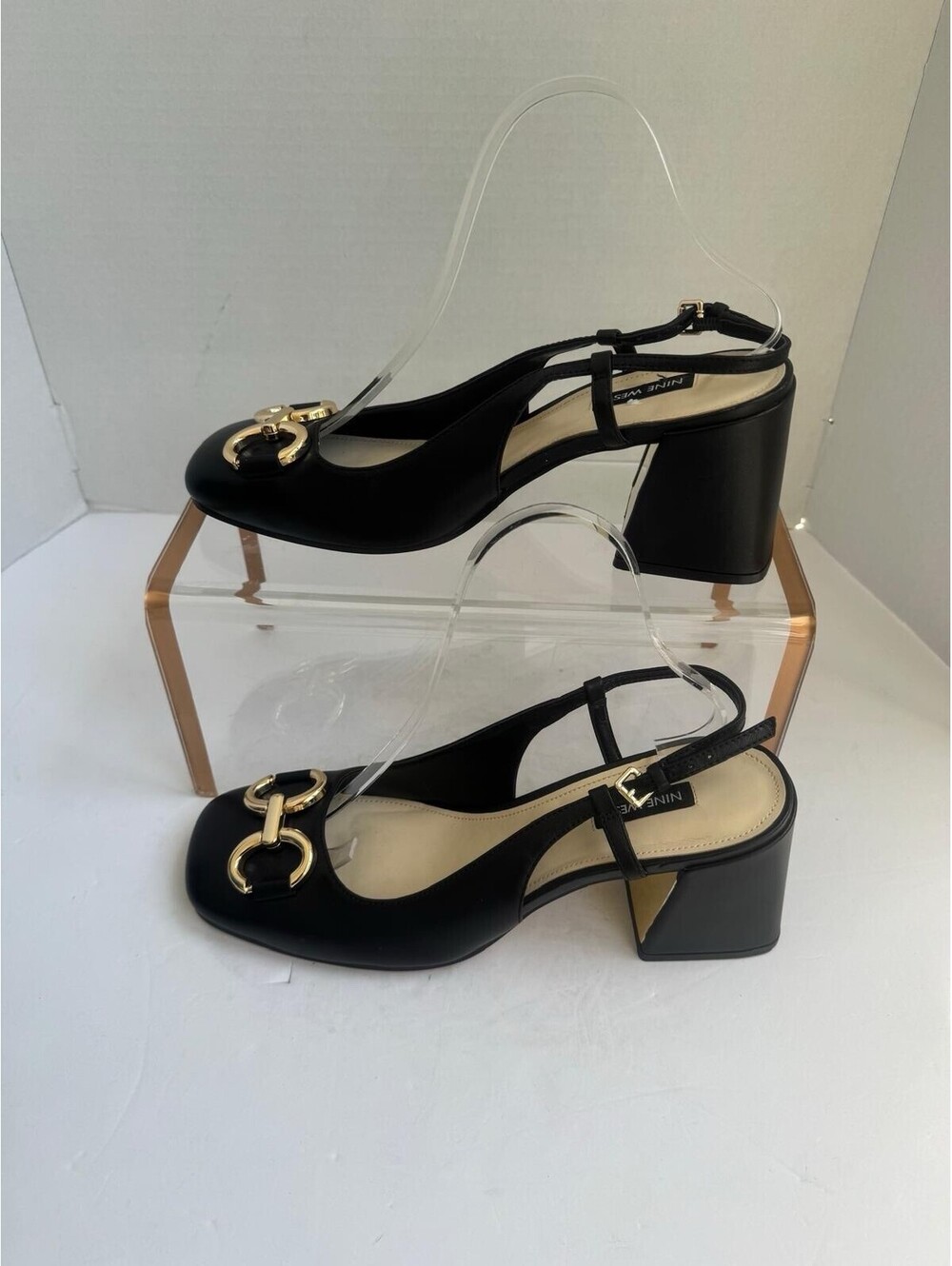 Nine West Cast Leather Block Heel Slingback Pump – Black – Square Toe Design - Picture 10 of 14